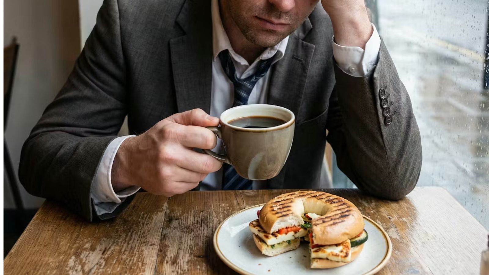 Man in suit holding coffee with grilled halloumi bagel for hangovers on plate at cafe table