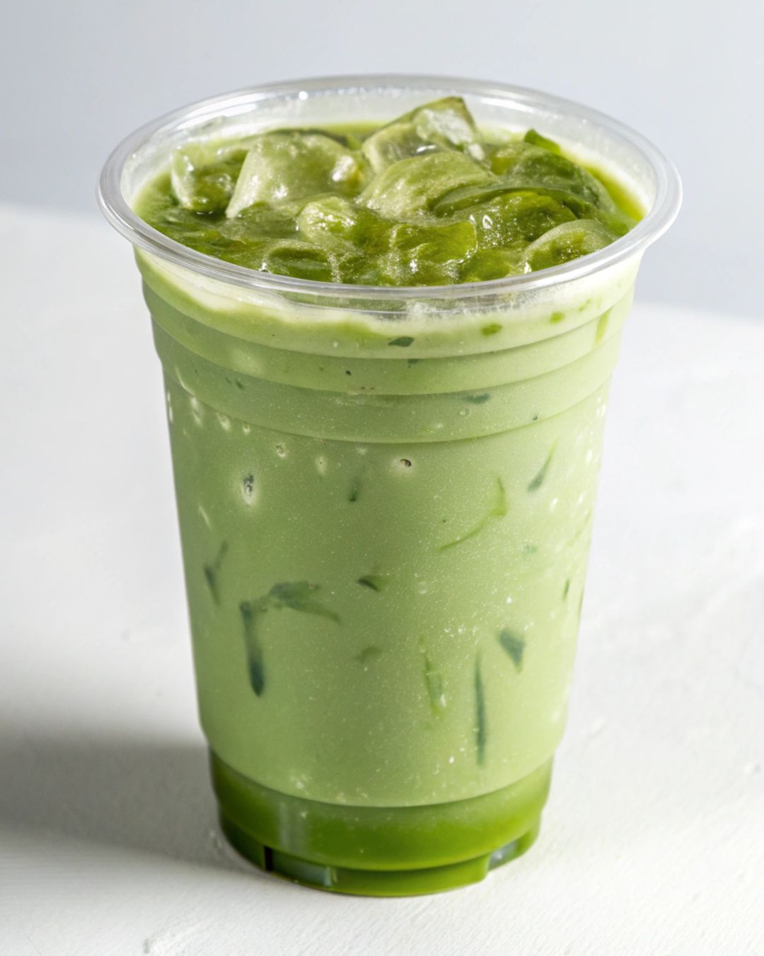 Creamy iced matcha latte with ice cubes in a clear takeaway cup, made with premium matcha powder and milk at Cafe C&M Sydney