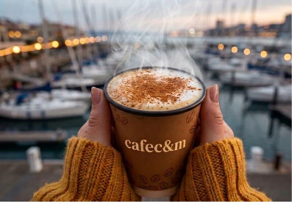 Hands holding a steaming Cafe C&M takeaway coffee with a marina backdrop at dawn at the best local cafe in Sydney.