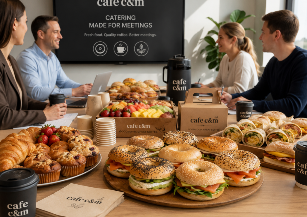 Business meeting featuring Cafe C&M breakfast catering in Sydney with fresh bagels, pastries, wraps, fruit platters and Campos Coffee.