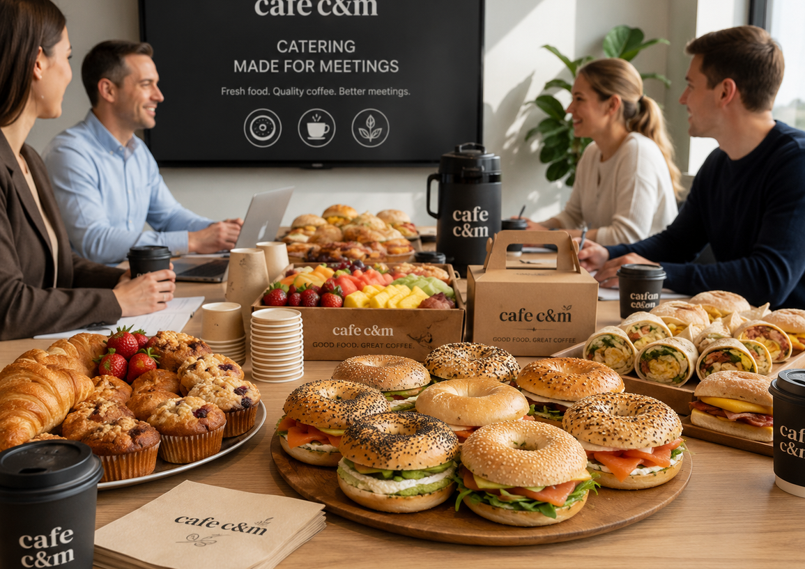Business meeting featuring Cafe C&M breakfast catering in Sydney with fresh bagels, pastries, wraps, fruit platters and Campos Coffee.