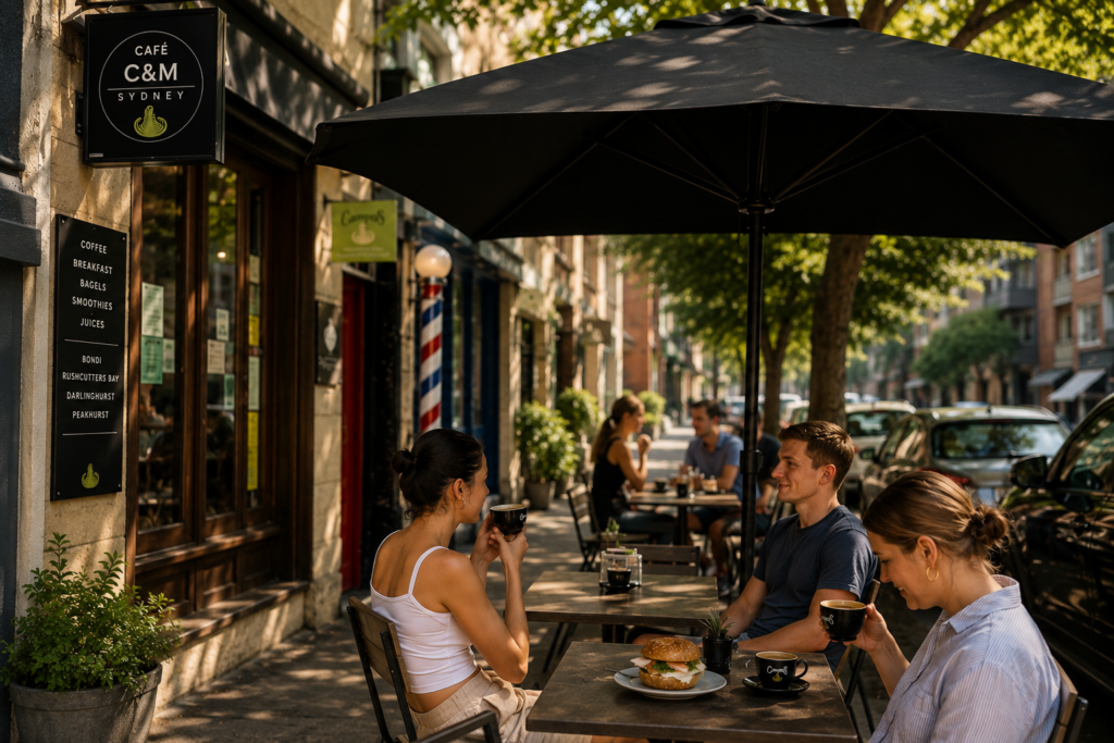 Outdoor tables at Cafe C&M shaded by large black umbrellas, with customers enjoying coffee, breakfast and gourmet bagels along a leafy Sydney streetscape, capturing the relaxed atmosphere of outdoor cafes Sydney.