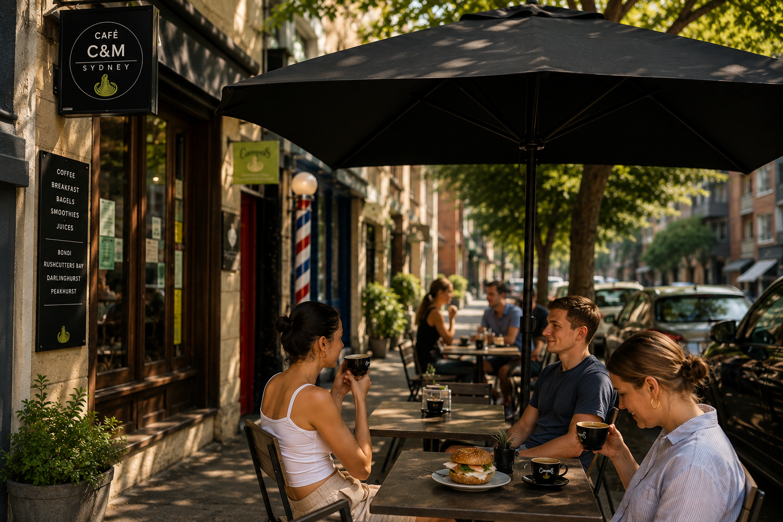 Outdoor tables at Cafe C&M shaded by large black umbrellas, with customers enjoying coffee, breakfast and gourmet bagels along a leafy Sydney streetscape, capturing the relaxed atmosphere of outdoor cafes Sydney.