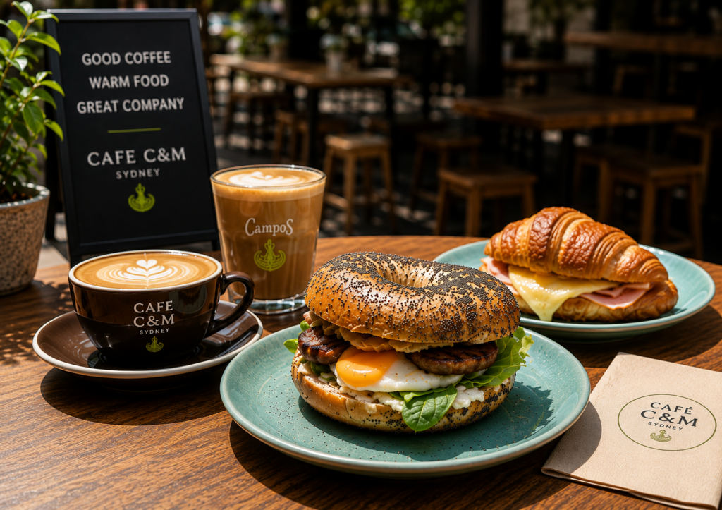 A gourmet breakfast bagel filled with egg, sausage and fresh greens served alongside a flat white, Campos coffee and a warm ham and cheese croissant on a wooden cafe table, showcasing the comfort food in Sydney everyone enjoys during winter