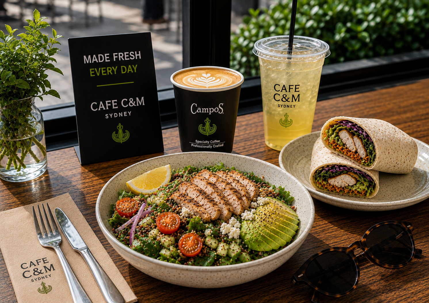 Sunlit Cafe C&M table with a grilled chicken and avocado salad, two chicken wraps, a cup of Campos Coffee and a cold drink beside the window, showcasing a typical lunch at cafes for lunch in Sydney