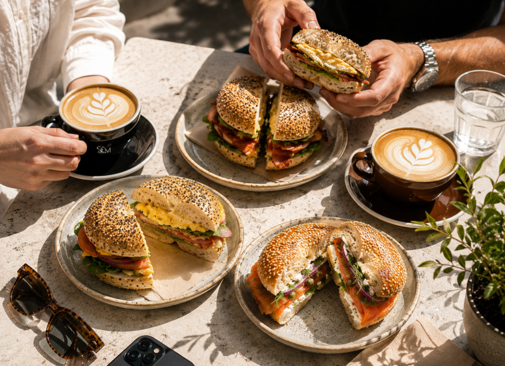 Breakfast bagels in Sydney at Cafe C&M, with smoked salmon, egg and bacon bagels served with freshly made coffees at a sunny cafe table.
